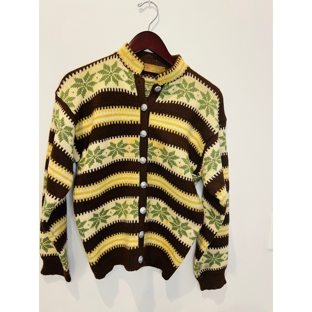 Vintage Kjell of Norway Wool Cardigan Sweater Nordic Snowflake Brown Green L